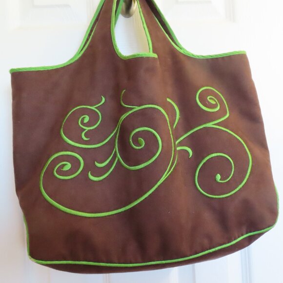 Handmade Deep Forest Green Suede Bag w/yellow green/gold twirly design stitching - Picture 3 of 7